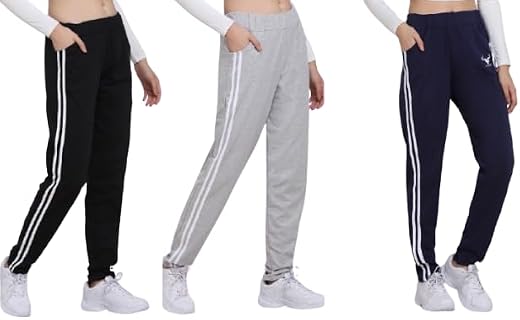 Harshita Enterprises Women’s Cotton Blend Striped Track Pants Combo of 3 | Stylish Joggers for Casual, Sports &amp; Lounge Wea...