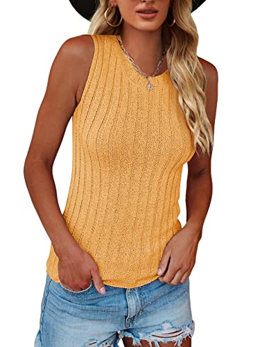 Image of Saodimallsu Womens High Neck Tank Top Summer Ribbed Sleeveless Shirts Casual Loose Knit Cami Sweater Vest