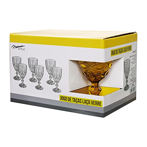 Mimo Style Jogo de 6 Taças de Vidro Âmbar com Capacidade de 240ml com Alto Relevo em Laço Verre - Id