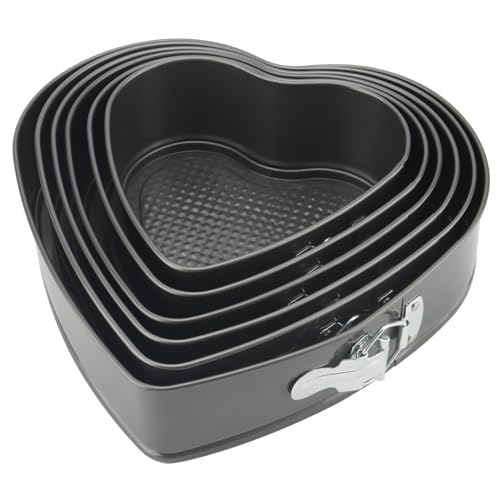 MOUYAT Lot de 6 moules à gâteau à charnière en forme de cœur avec fond amovible, moule à gâteau en métal anti-adhésif pour gâteaux et cheesecake, 18/20/22/24/26/28 cm