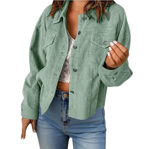 Dyhxuan Cordjacke Damen Kurz Hemdjacke Langarm Cordhemd Einfarbig Corduroy Bluse Button Down Hemdbluse Trendy Damenjacke