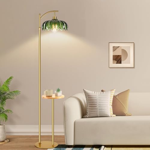 Image of QIYIZM Glass Floor Lamp with Table and Shelves for Living Room Bedroom,Gold Standing Lamp with Remote Dimmable,Boho Brass Tall Lamp Vintage Farmhouse Arc Green Flower Floor Light Bohemian