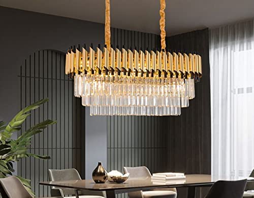 Image of Modern Crystal 800x350mm Chandelier Gold and Black Chandelier Round Chandeliers Pendant Ceiling Light Fixture Flush Mount Chandelier for Dining Room Living Room Bedroom Foyer Hallway Entryway