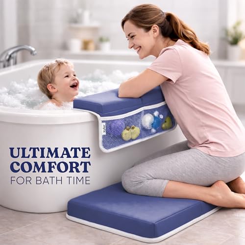 Image of Rylor Premium Baby Bath Kneeler Mat & Elbow Rest Pad Set - Comfortable Bath Kneeler and Elbow Kneeling Rest Pad for Parents, Extra Long 26'', 2.4'' Thick, Non-Slip Support for Easy Bath Time (Blue)