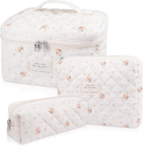 Image of Lyrovo Makeup Organizer Cosmetic Bag Quilted Large Floral Make Up Organize Set for Women Flower Travel Toiletry Bag (Floral-White)
