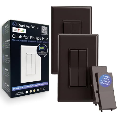 Image of RunLessWire Click for Hue Battery-Free Wireless Smart Switch 2 Pack Brown | Dimmable Kinetic Switch Pairs Natively to Philips Hue Bridge, 4 Programmable Buttons to Control Scenes & Areas, 100ft Range