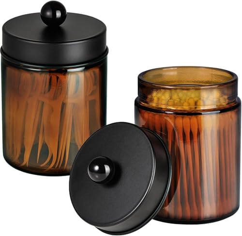 Amolliar Amber Glass Qtip Holder Apothecary Jars with Matte Black Metal Lid & Stickers-Bathroom Qtip Dispenser Storage Organizer Set Vanity Counter Canister for Cotton Swabs Round Pads Floss (2 Pack)