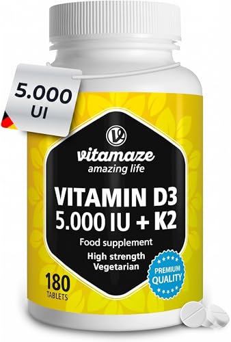 Vitamin D3 K2 (5000 IU Vitamin D3 + Vitamin K2 MK7 100 mcg) Vitamins for Bones Teeth Muscle Function & Immune System. 6 Month Supply High Bioavailability & No Additives. Vitamaze