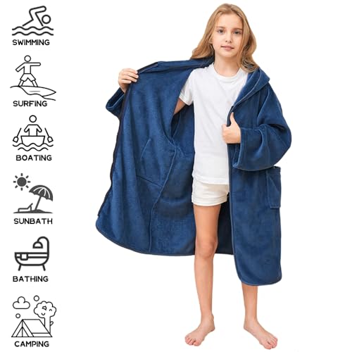 Hiturbo KIDS ZIPPER TOWEL HOODIE NAVY Kids Bath Towel Hoodie: Soft Plush Zipper Surf Poncho thumb #3