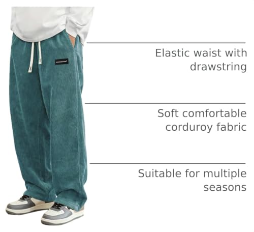 Image of Hidkat Mens Corduroy Casual Pants Fashion Loose Fit Wide Leg Pants Straight Sweatpants Elastic Waist Drawstring