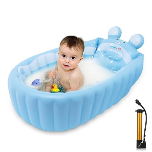 Image of | Inflatable Baby Bathtub,Newborn Bathtub Seat for Infant,Non-Slip Baby Pool for Sitting up,Foldable Toddler Tub Shower,Portable Travel Bath for Kids 0-6 Year (Blue, Animal Print)