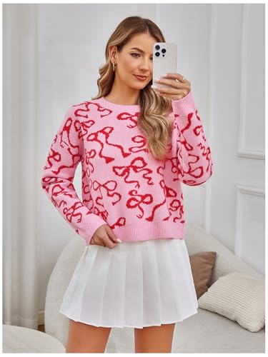 Image of RoseSeek Women's 3D Floral Appliques Crewneck Sweaters Long Sleeve Drop Shoulder Pullovers Elegant Knit Tops