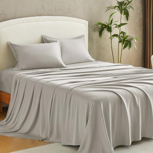 Image of Andency Sateen Sheets Set, 100% Viscose Derived from Bamboo, Hotel Luxury Silky & Cooling for Hot Sleepers, Deep Pocket Up to 16 inch, Grey Queen