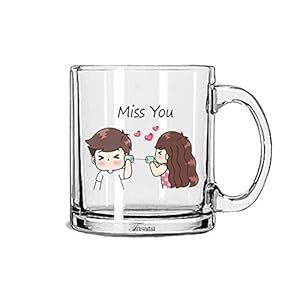 Tonkwalas Miss You Cute Couple Printed Transparent Glass Coffee and Tea Mug Gift for His/Her (325 ML)