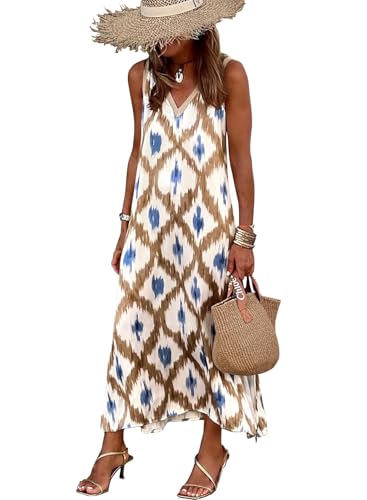 Image of miduo Womens Casual Summer V Neck Sleeveless Floral Printed Beach Split Maxi Dress Sundress