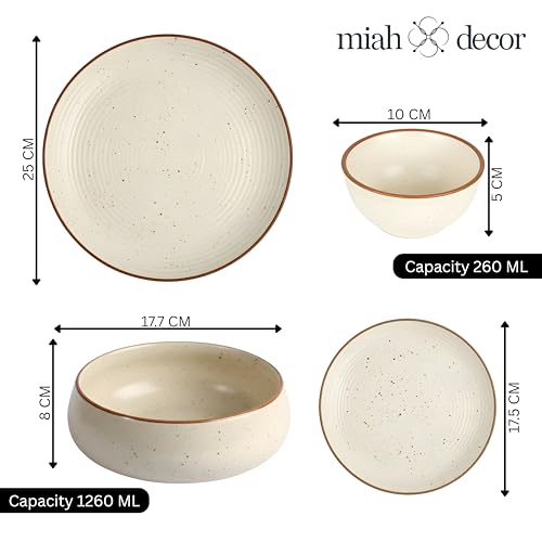 Image of Miah Decor Ceramic Dinner Set- 14-Piece Handmade Stoneware | 4 Bowls, 4 Quarter Plates, 4 Dinner Plates & 2 Serving Bowls | Off White Ribbed Matte Finish | Microwave & Dishwasher Safe | Ideal Gift