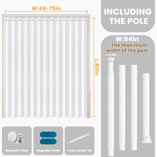 Image of AJAZZ Blackout Magnetic Door Curtain with Curtain Rods Adjustable 28-63 inch Long, Patio Door Curtain Invisible for Bedroom Living Room Accordion Doorway Set, 1 Pack, W72 x L80 in, White