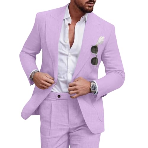 Diaryan Mens Suit Linen Casual Tuxedo 2 Piece Regular Fit Purple Blazer One Button Solid Jacket Pants for Party Wedding XS