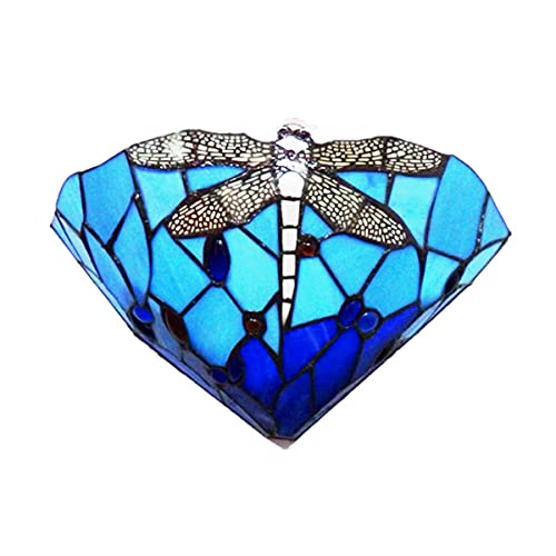 QEGY 11.8" Applique Murale Style Tiffany Vintage Applique Intérieur Rustique Tiffany Lampe Bleue Verre Lampe Murale Chambre Vitrail Lumière de Chevet E27 Dragonfly Lampe Couloir Mural, Max 60W Cover
