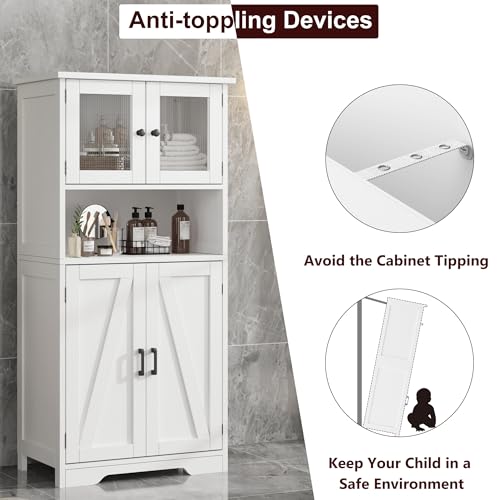 GarveeHome 54in Tall Bathroom Cabinet, Farmhouse Storage Cabinet with Glass Doors and Adjustable Shelves, Freestanding Kitchen Pantry Cabinets, Cupboard for Living Room, Dining Room, White