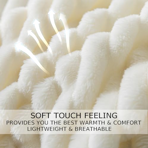 Cuddly Blanket King Size, Fluffy Fleece Blanket, Warm and Soft Blanket with Striped Pattern for King Calking Bed, 90x108 Inches,Cream