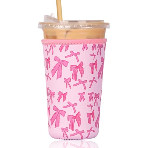 Image of Reusable Insulated Sleeve for Iced Coffee Cup, Coffee Neoprene Sleeve for Cold & Hot Drinks, Beverage Holder for Iced Coffee (Pink Bows, Large: 32oz)