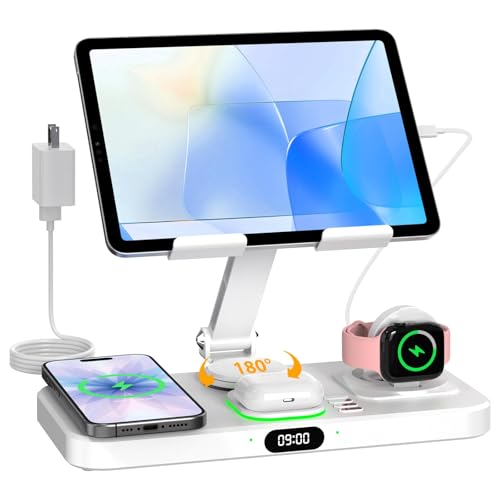 Image of 30W Charging Station for Apple Products, Foldable Wireless Charger with Clock Display&7 Color Light, Wired Charging for iPad /Tablet Charging Station for iPhone16, for Apple Watch10 for AirPods4(Cream