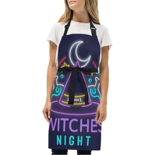 Sawhonn Noche Mágica De Halloween Delantal de Cocina con 2 Bolsillos Delantales Cuello Ajustable Cocinero Camarero Delantal Chefs para Cocinar Hornea Barbacoa