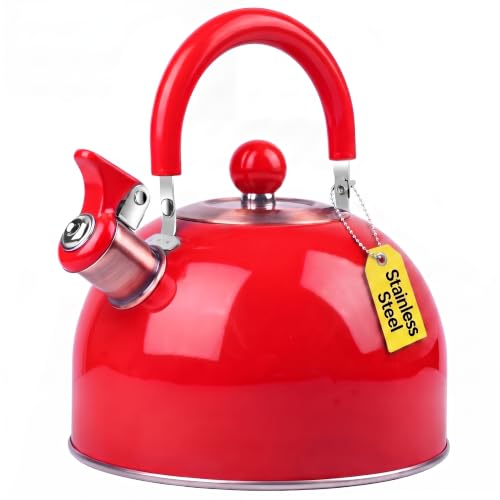 Rixordd 2.6 Quart Red Whistling Tea Kettle for Stovetop Stainless Steel Teapot with Cool-Touch Handle Loud Whistle Wide Base Gas Electric Induction Compatible