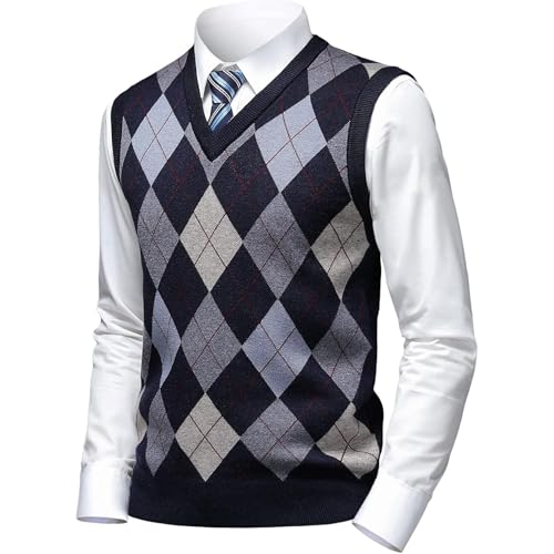 JEShifangjiusu Men's V-Neck Pullover Vest Sweater Wool Blend Rhombus Sleeveless Singlet Ribbed Hem Slim Fit Tank Top3
