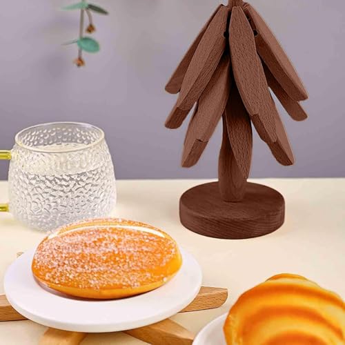 Image of Wooden Cup Coaster Set，Tree Shape Trivet Set,Tree Coasters- 4 Wooden Trivets + 1 Stand stored for hot Dish /Pot /Bowl /teapot /hot Pot Set