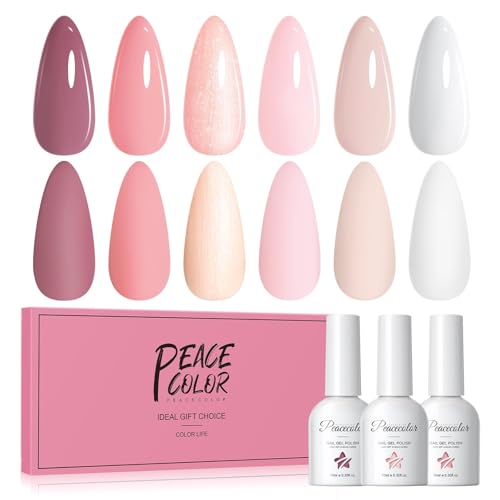 PEACECOLOR UV Nagellack Set, 6 Farben Nude Rosa Weiß Nagellack Gel für DIY Nail Art Kit Soak-Off Nägel Set Nail Polish Maniküre Set für Anfänger 10ML Gel Nagel