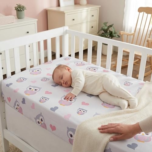 Image of EVERYDAY KIDS Baby Girl Fitted Crib Sheet Sweet Owls, 100% Soft Breathable Microfiber Baby Sheet, Fits Standard Size Crib Mattress 28in x 52in, Nursery Sheet