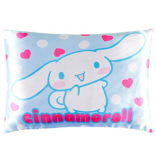 Get Trend Hello Kitty Cinnamoroll Silky Satin Pillowcase 19x26in Officially Licensed Sanrio Smooth Zipped Pillow Covers for Hair Skin Kawaii Gifts for Girls Women Teens (Blue Cinamonroll)