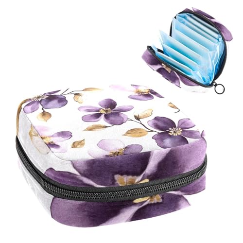 Purple and Gold Watercolor Flowers on White Background Sanitary Napkin Storage Bag, Large Menstrual Cup Pouch with Zipper, Period Pads Bag Store Panty Liners Tampons for Girls Women