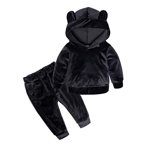 Boys Girls Velvet Hooded Tracksuit Sweatshirt Top + Sweatpants Hoodie Outfit Set - Black - 7-8 Years (140 cm) Cover
