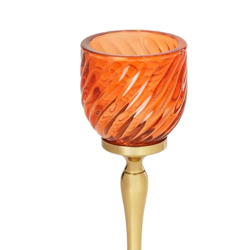 Image of Pure Home + Living Orange Swirl Textured Hurricane - Large Candle Holders for Home Decor with Glass Hurricane, Dining Table Decor, Candle Holder, Decorative Candle Stands for Home Decor