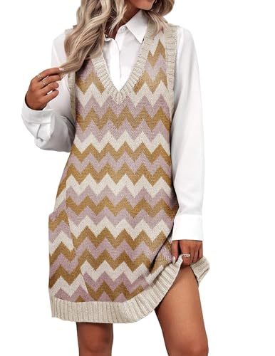 Image of Zeagoo Womens Sweater Vest Dress Pattern Knitted Pullovers Sweaters V Neck Tank Sweater Dress with Pockets