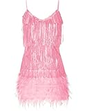 Women's Sequin Cocktail Dresses 1920s Flapper Dress Gatsby Fringe Mini Dresses Feather Prom Party Dress(A-Pink,S)