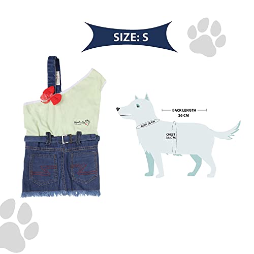 Image of Lulala Dress One Shoulder Autumn Denim Jeans with Pocket-Outfits Pet Pretty Off Shoulder Dress for Dogs-Comfortable and Casual Teddy Clothes Skirt with Belt Bib Overalls(S,Sea Green)
