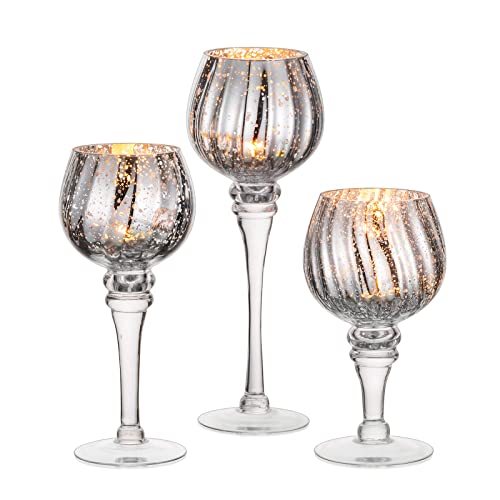 Nuptio Candle Holders Glass Candle Holder Set of 3 Long Stem Candleholder Sliver Mercury Tea Light Holders Table Centerpiece for Diwali Halloween Thanksgiving Christmas Windowsill