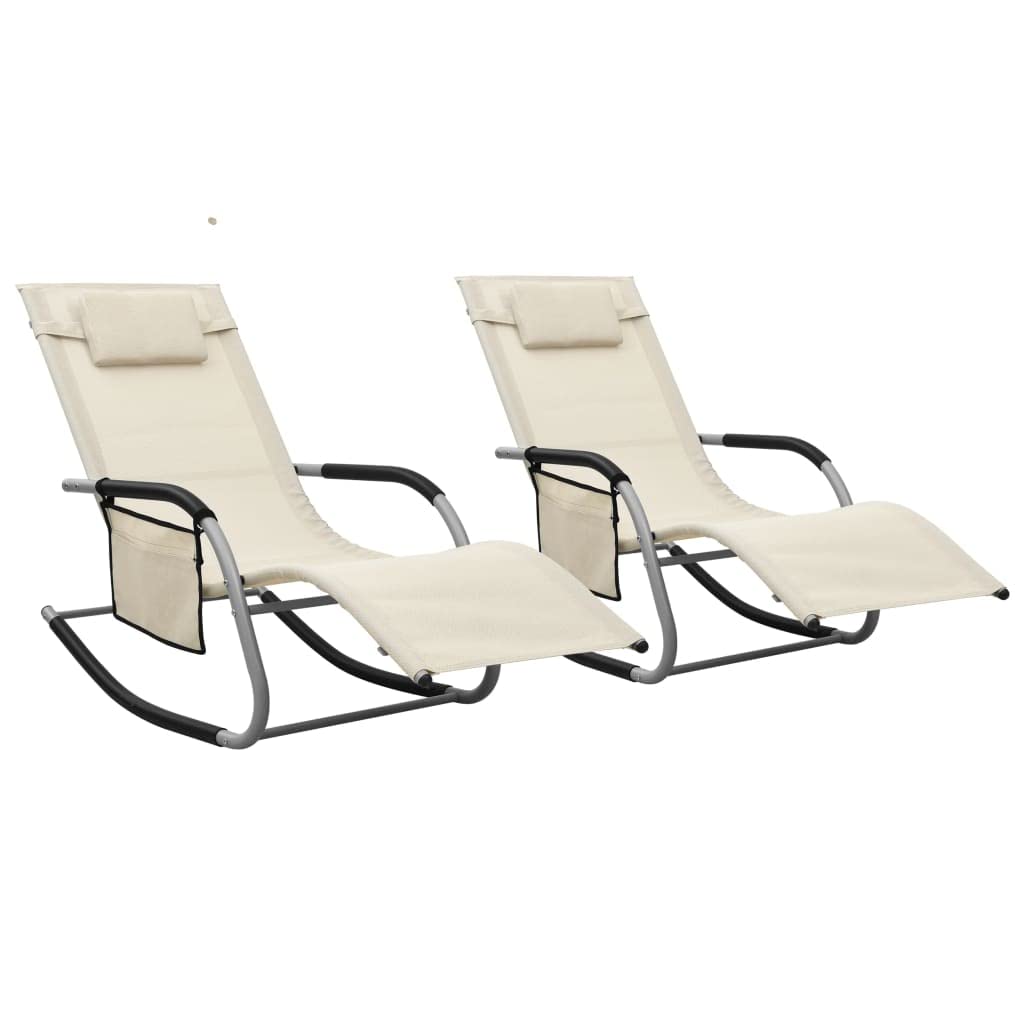 Sonnenliegen 2 STK Textilene Creme Grau Gartenliege klappbar verstellbar mit Kissen und Seitentasche wetterfest ergonomisch für Balkon Terrasse Pool Outdoor Relaxen