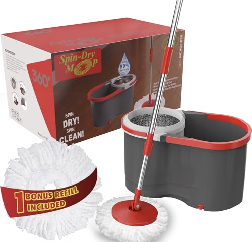 Spin Mop & Bucket Set System Hands-Free Drying System with Stainless Steel Handle 2 Microfiber Mop Heads Removes 99% of Bacteria Easy to Use No Pedal Machine Washable for All Floor Types