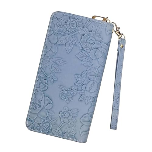 Large Womens Wallet with Removable Wrist Strap and Zipper, Wristlet Wallet Women Fashion Women's Wallets Multi Card Slot (Flower, Blue)