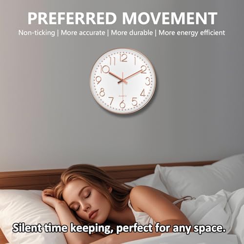 Image of Silent Wall Clocks Battery Operated 8 Inch, Analog Wall Clock with Oversized Number Tempered Glass Clock Face, Rose Gold Quartz Non Ticking Wall Clocks for Living Room Bedroom Kitchen Office
