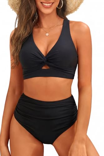 Model wearing best high-waisted swimsuits for bigger hips.