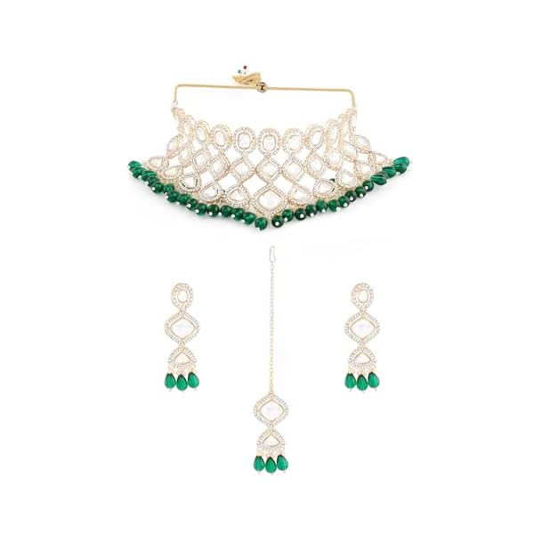 ZAVERI PEARLS Green Bead Austrian Diamonds Bridal Choker Necklace Earring Maangtikka Set For Women-ZPFK17312