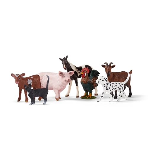 Schleich Farm World - Coffret d’Animaux de la Ferme 77533 avec Chien, Chat, Cochon, chèvre, Vache, Cheval et Coq - Ensemble détaillé de 7 Figurines -...