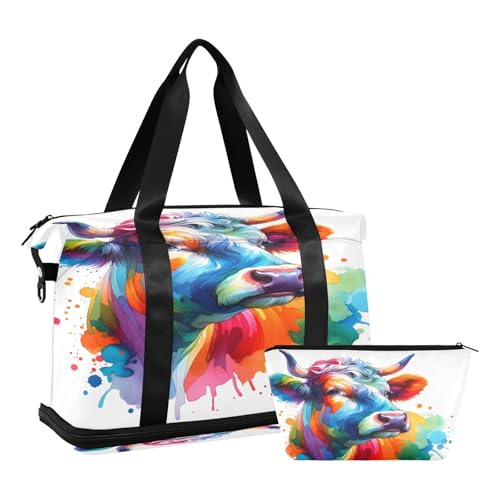 ALAZA Watercolor Cow Colorful Travel Duffel Bag for Women Men Sports Gym Bag with Shoe Compartment Tote Weekender Overnight Bag with Wet Pocket for Travel, Gym,Yoga,Swimming