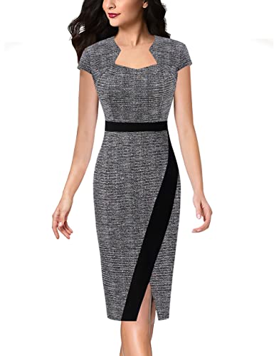 VFSHOW Womens Square Neck Patchwork Front Slit 2023 Work Business Office Bodycon Pencil Dress